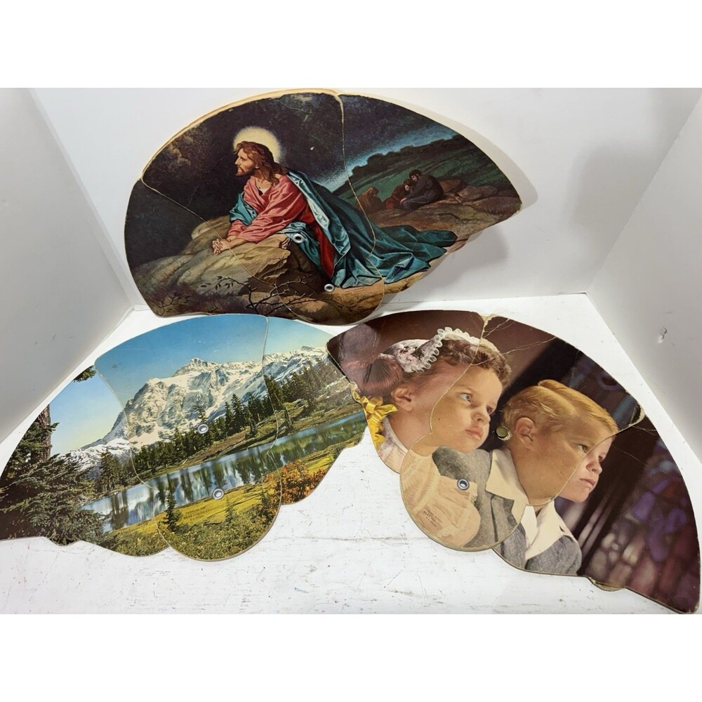 Tri-fold church funeral fan litho art prayer Jesus lot of 3 vintage
